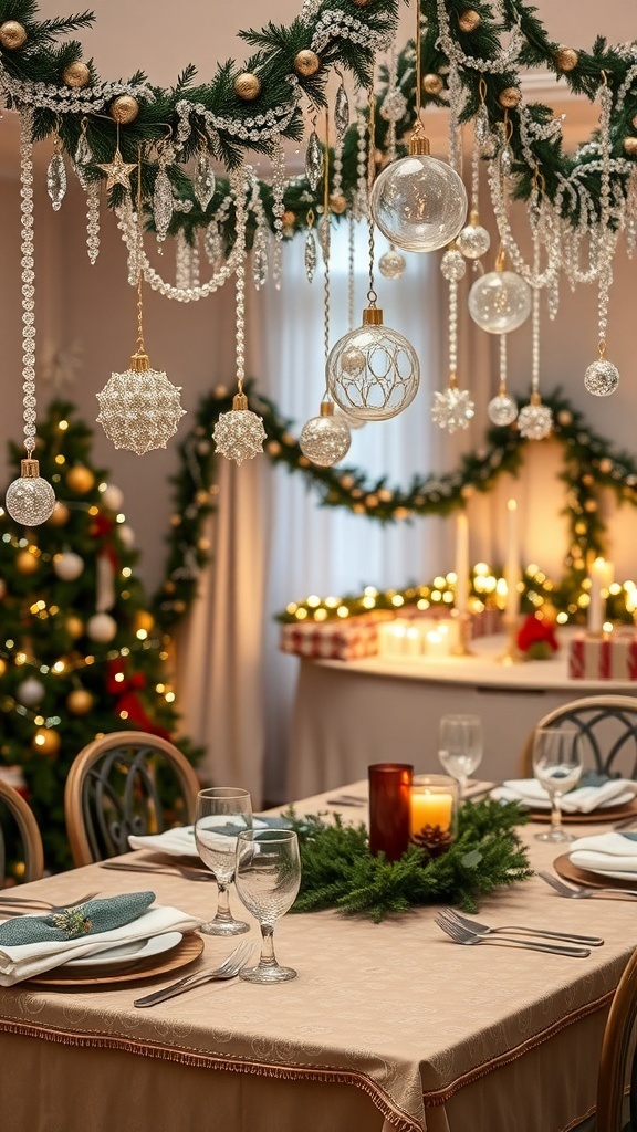 A Christmas table with hanging ornaments and garlands, illuminated by soft lights, creating a festive atmosphere.